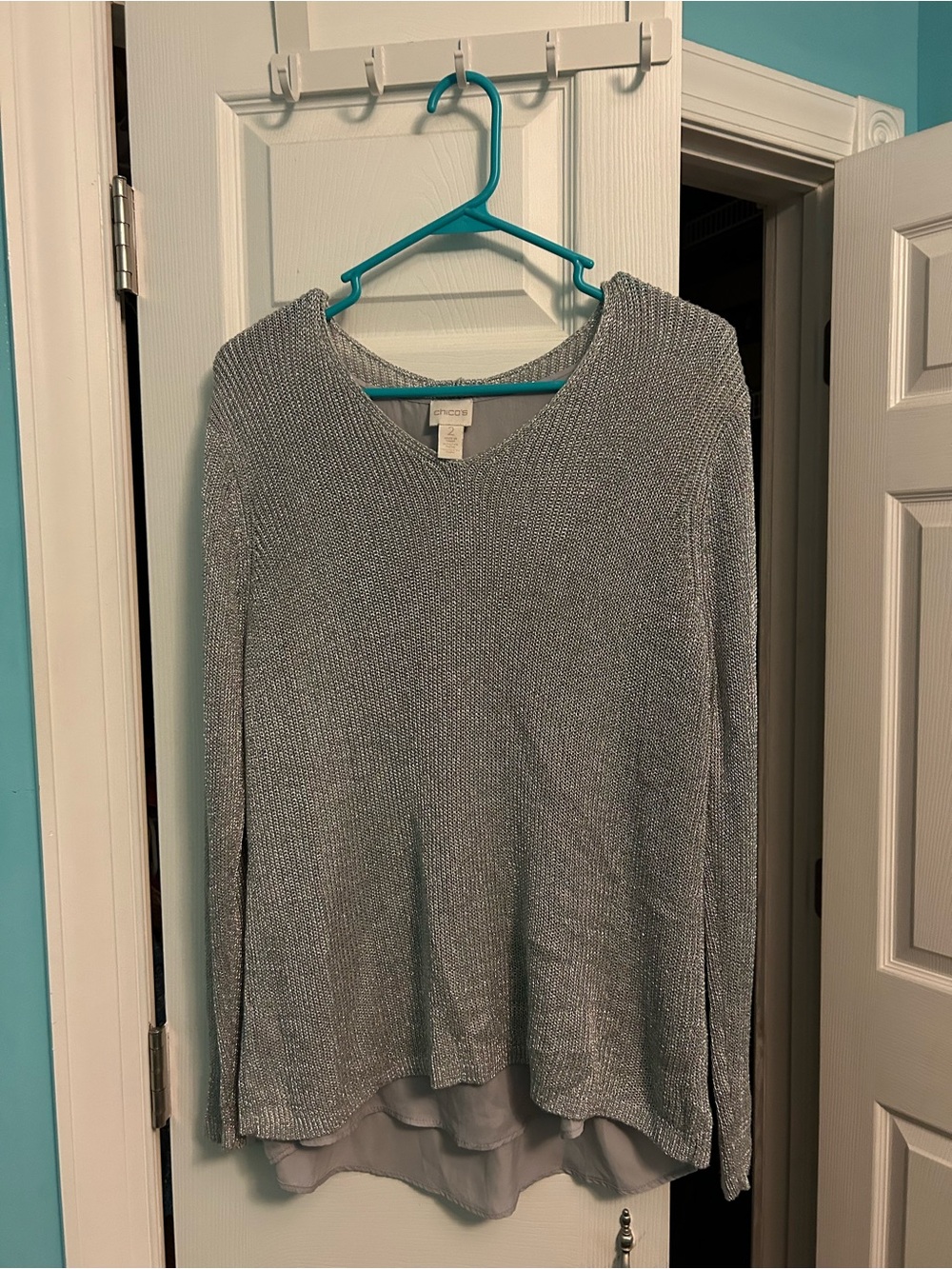 Chico's Metallic Light Gray V-Neck Layered-Hem Sweater